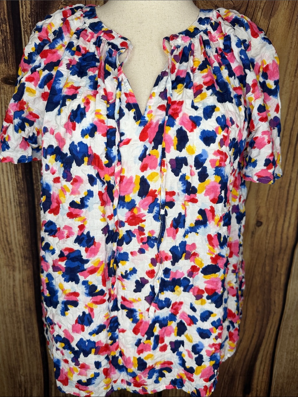 Style & Co. White Multicolor Floral Brushstroke Tie-Neck Top
